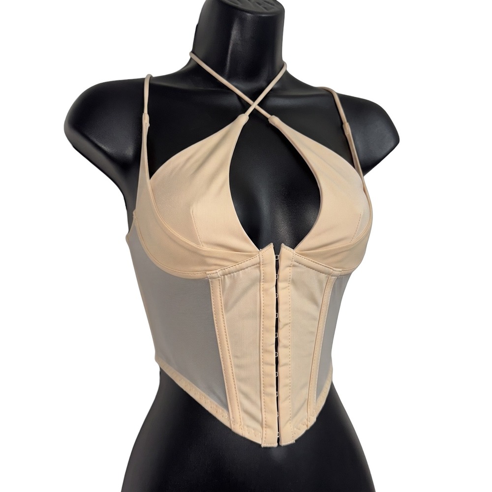 New 2XS Cream Sheer Mesh Corset Crop Top Boned Hook Front Cami Y2K